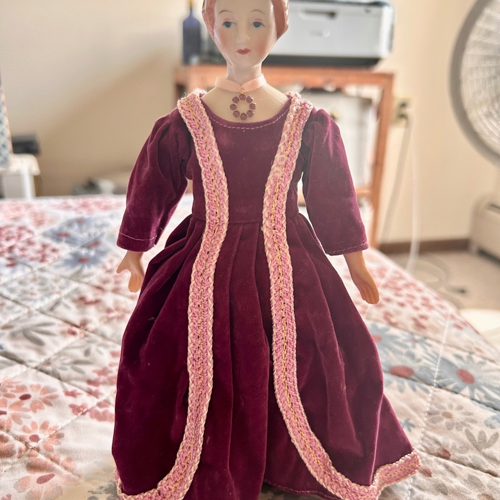 Vintage Doll in Burgundy Dress with Pink Trim